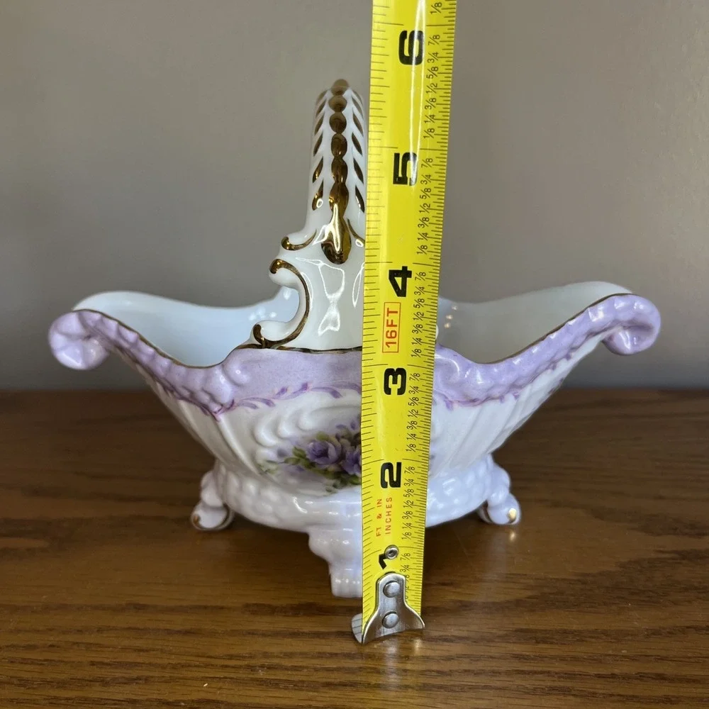 Vintage Cracker Barrel Footed Porcelain Basket Violets 10K Gold Trim Cottagecore